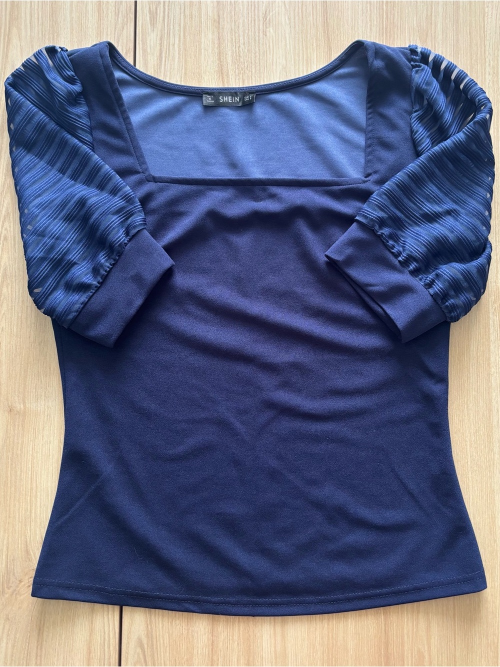 SHEIN Navy Blue Square Neck Top Pleated Mesh Cutout Half Sleeve Small